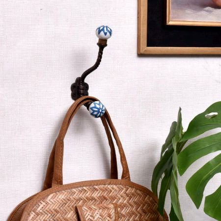 Turquoise Floral Ceramic Iron Hat Hooks